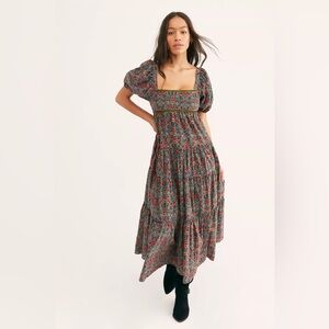 Free People Ashley tiered vibrant puff sleeve corduroy square neck maxi dress